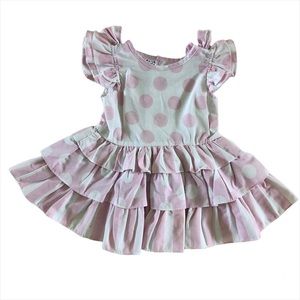 Vintage Girls Party Dress Pink Polka Dots Ruffles Bows 18M 24M Button Flutter Sl